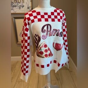 New! QUEEN OF SPARKLES Red and White Checkerboard Pizza & Wine Crewneck Sweater